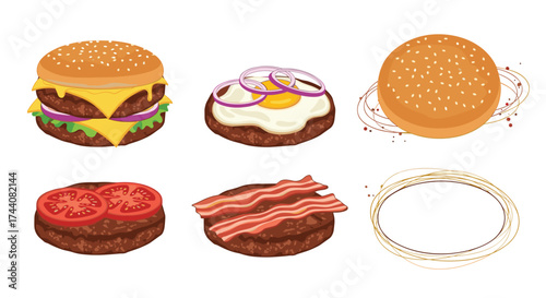 Delicious collection of burger ingredients and a fully assembled hamburger.
