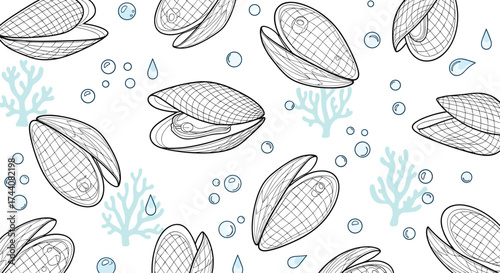 Seamless pattern of mussels and seaweed on a white background.