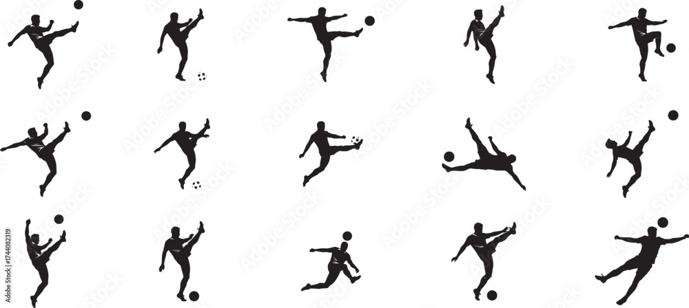 Fototapeta premium Collection of soccer player silhouettes in dynamic action poses capturing the excitement of the game and sportsmanship vector