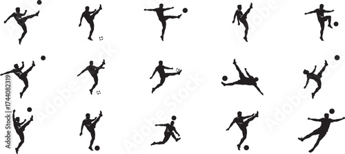 Collection of soccer player silhouettes in dynamic action poses capturing the excitement of the game and sportsmanship vector