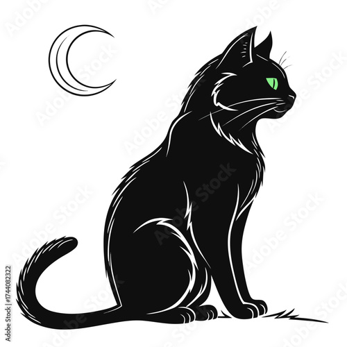 A sleek black cat with piercing green eyes sits patiently under a crescent moon embodying mystery and nocturnal elegance