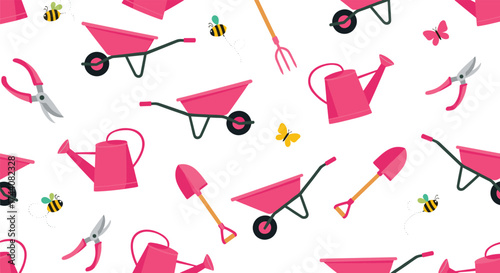 A pink gardening tools pattern with bees and butterflies.