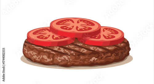 Delicious grilled beef patty with fresh tomato slices on top.
