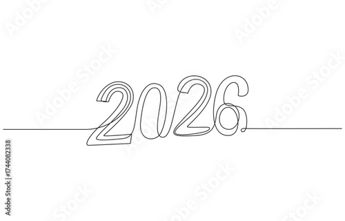 Happy New Year 2026 One line art drawing