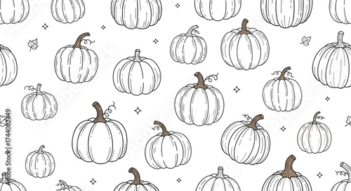 Seamless pattern of hand drawn pumpkins and dots.