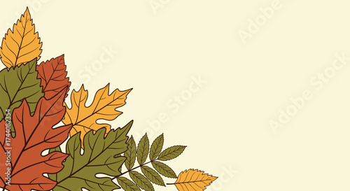 Autumn leaf illustrations in a corner of the frame with a creamy background.