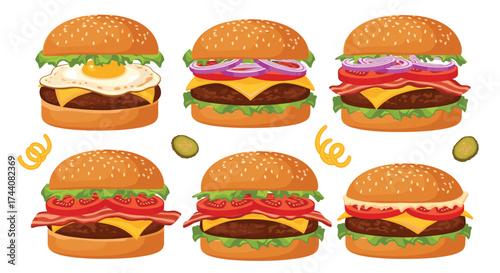 A collection of delicious and diverse hamburger illustrations.