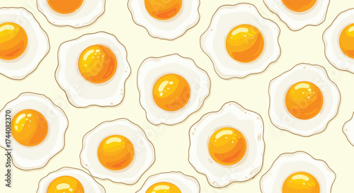 A seamless pattern of fried eggs on a pale yellow background.