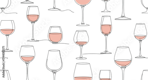 A pattern of various wine glasses filled with rosé wine.