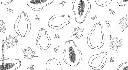 A repeating pattern of stylized papaya fruits and leaves in a hand-drawn sketch style.
