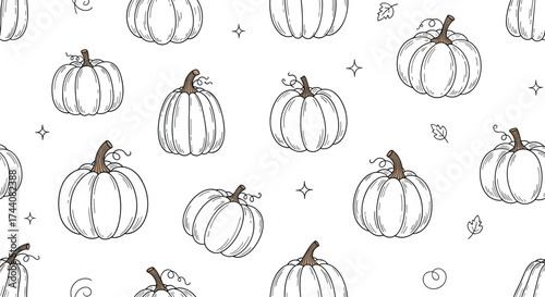 A charming pattern of sketched pumpkins with tiny stars on a white background.