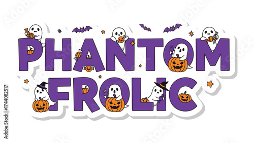 Phantom Frolic Illustration: Spooky spirits playfully celebrate Halloween with pumpkin and other adornment, conjuring a mystical atmosphere.