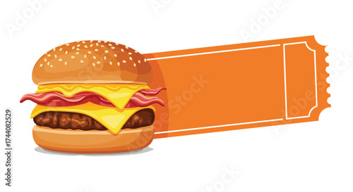 Delicious burger with a side of coupon for discounts.