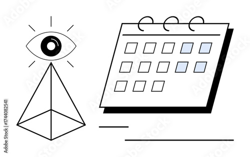 Eye over geometric pyramid and minimal calendar grid symbolizing focus, strategy, and time management. Ideal for innovation, foresight, scheduling, productivity, planning, organization simple flat