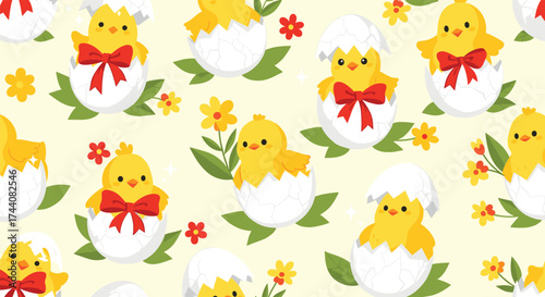 Cute yellow chicks hatching from eggs with red bows and flowers