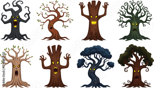 Spooky cartoon tree characters, Halloween forest illustration, creepy tree faces, fantasy nature design, vector set, eerie foliage art, white background