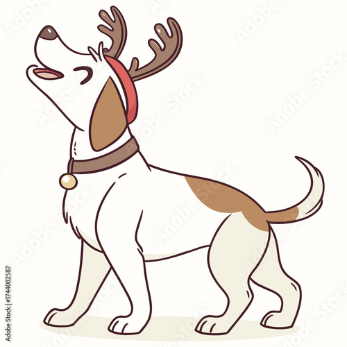 A cute cartoon dog wearing reindeer antlers and a festive collar with a bell happily howling with its head tilted back celebrating the holiday season