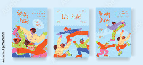 Holiday skating posters with cheerful diverse people enjoying ice rink activity. Winter fun, colorful clothes, joyful movement and snow atmosphere. Vector illustration for festive card, poster, banner
