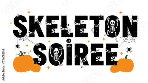 Halloween Soiree Invitation: A spooky yet inviting design for a Halloween party, with thematic elements of pumpkins, spiderwebs, and playful skeletons. 