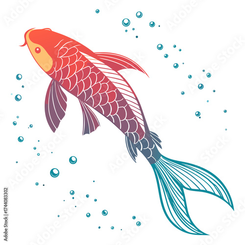 Vibrant gradient koi fish swimming gracefully surrounded by flowing bubbles in a stylized artistic illustration on a clean white background