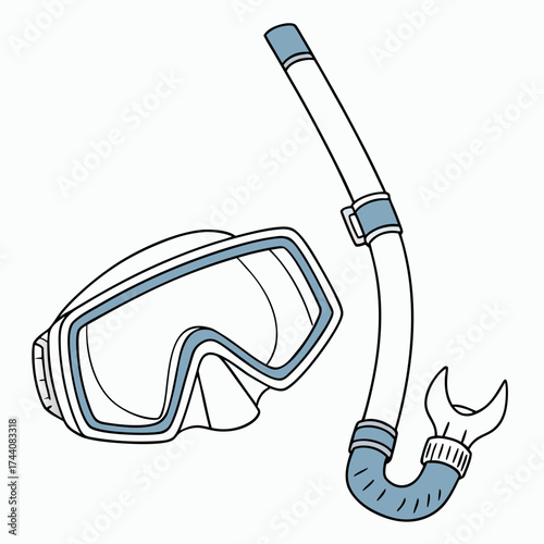 A simple cartoon illustration of a white and blue snorkel mask and snorkel tube set isolated on a white background perfect for summer vacation or water sports themes