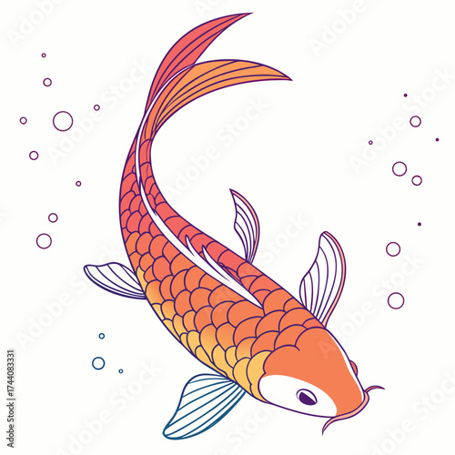 Vibrant orange and yellow koi fish with flowing fins and tail swims gracefully surrounded by colorful bubbles in a clean white background representing good fortune and prosperity