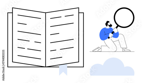 Open book with detailed text, kneeling person holding magnifying glass, cloud motif. Ideal for education, research, reading, curiosity, analysis study and knowledge. Simple flat metaphor