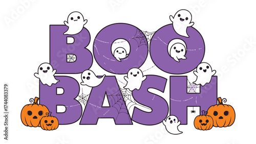 Spooky Boo Bash Halloween Display: A fun, inviting design showcasing the words Boo Bash, adorned with cheerful ghosts and pumpkins, perfect for festive decorations.
