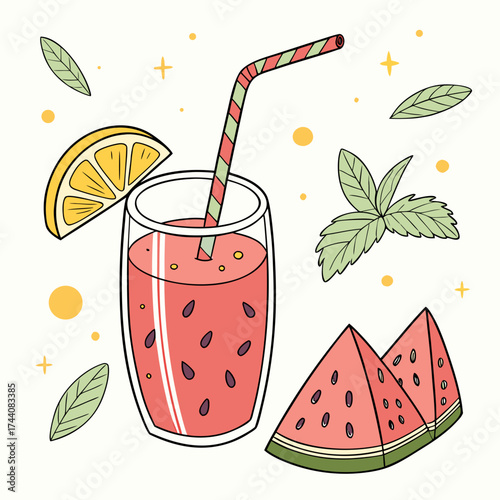 Refreshing watermelon juice in a tall glass with a striped straw garnished with a lemon slice and surrounded by mint leaves and watermelon wedges perfect for summer
