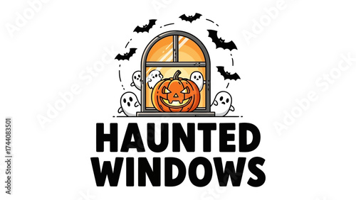 Haunted Windows: A spooky scene with a carved pumpkin and friendly ghosts peeking through a window on Halloween night, surrounded by fluttering bats, evokes the playful and eerie atmosphere.