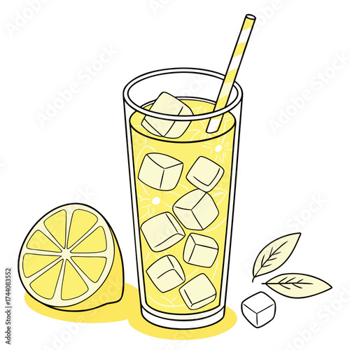 Refreshing yellow lemonade drink with ice cubes a lemon slice mint leaves and a striped straw in a tall glass on a white background