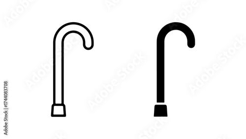 Iconic black walking canes, outline and solid, on white background