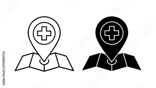 Flat Design Medical Location Pin Icons, Line and Glyph