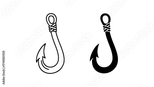 Two Black and White Fishing Hook Icons, Outline and Solid Style