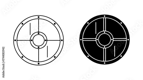 Viking Round Shield Icon Outline and Solid Black Flat Design