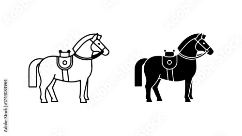 Black and White Stylized Vector Illustration of Saddled Horses Icons