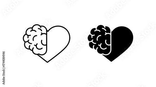 Minimalist Brain and Heart Outline and Solid Icons on White
