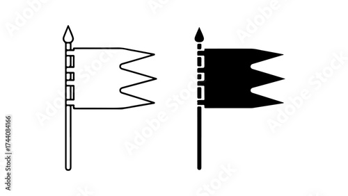 Stylized Medieval Pennant Icons, Outline and Solid Black, White Background