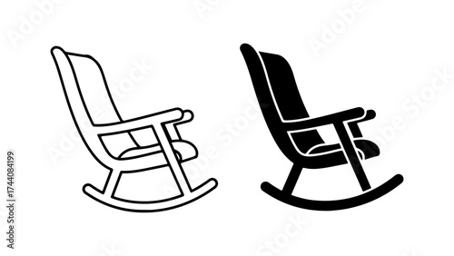 Rocking chair icons: Comfortable seating furniture in line and solid design