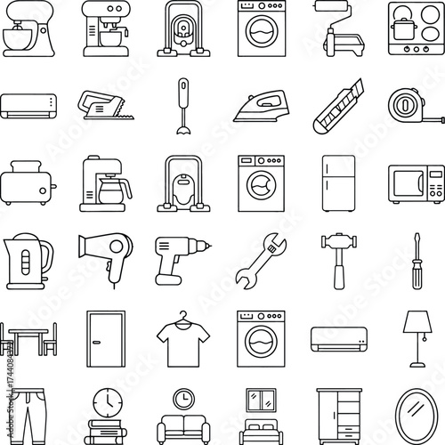 Black and White Line Household Appliance Icons