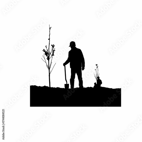Silhouette of forest ranger planting saplings after wildfire isolated on white background