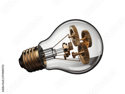 Lightbulb containing complex brass mechanical gears representing innovation and creative process isolated on transparent background.