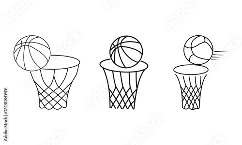 Basketball hoop and ball outline icon set, black and white vector