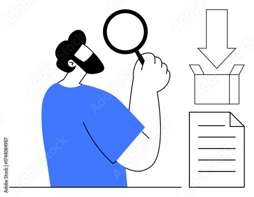 Man inspecting with magnifying glass, next to a box, document, and downward arrow. Ideal for research, analysis, inspection, review process, delivery data handling discovery simple flat metaphor