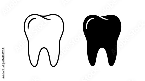 Minimalist Black and White Tooth Icons: Outline and Solid Design