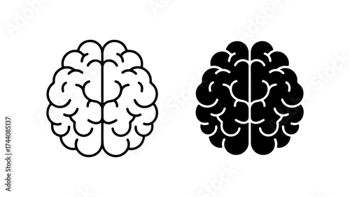 Minimalist Human Brain Icons in Outline and Solid Black Styles