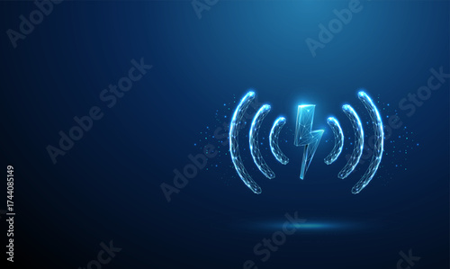 3d blue lightning bolt with radiating Li-Fi waves. Energy transmission, electrical power, optical communication, high-speed data, wireless connectivity concept.