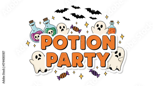 Potion Party: A whimsical illustration celebrating Halloween with potion bottles, playful ghosts, candies, and bats. A magical scene of fun and spookiness.