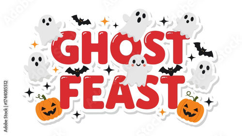 Spooky Feast: A fun and whimsical design for a Halloween gathering or event, featuring playful ghosts, smiling pumpkins, and fluttering bats.