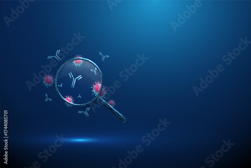 Magnifying glass with antibodies and viruses inside Immune response analysis, viral infection diagnostics, serological test, biotechnology concept.